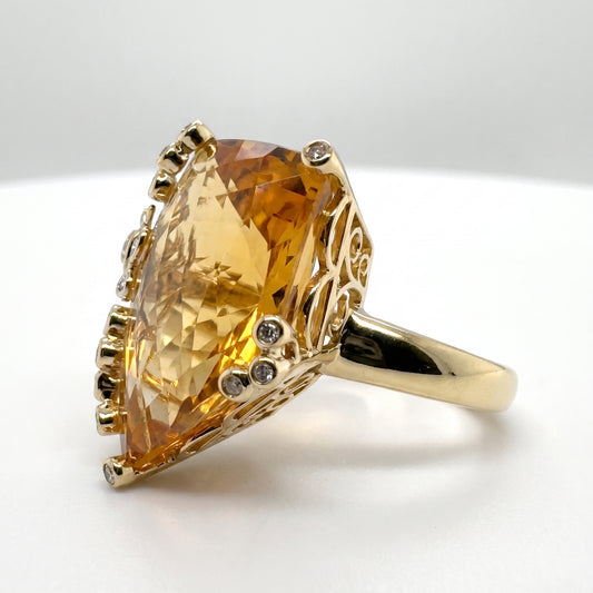14K Yellow Gold Citrine & Diamond Butterfly Ring - 28.8ct