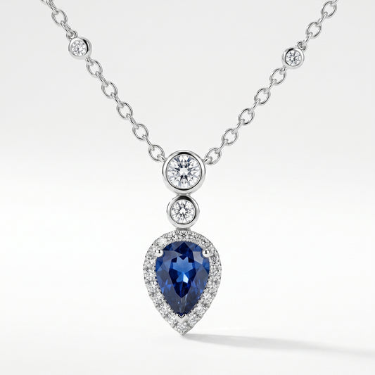 18K White Gold Pear Sapphire & Diamond Halo Pendant Necklace