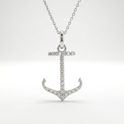 14K White Gold Diamond Anchor Pendant - 0.24ctw Natural Diamonds