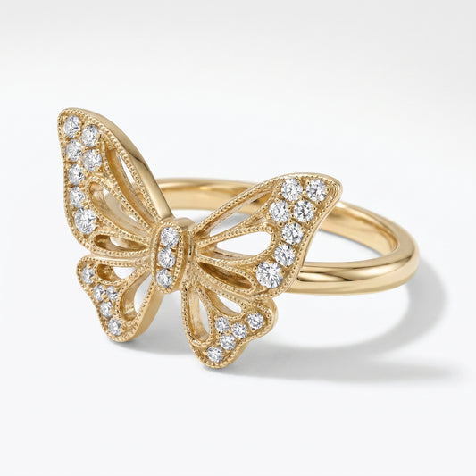 14K Yellow Gold Petite Diamond Butterfly Ring - 0.28ctw, Size 6.5