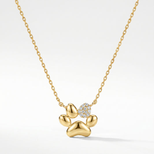 14K Yellow Gold Diamond Paw Print Pendant with Chain