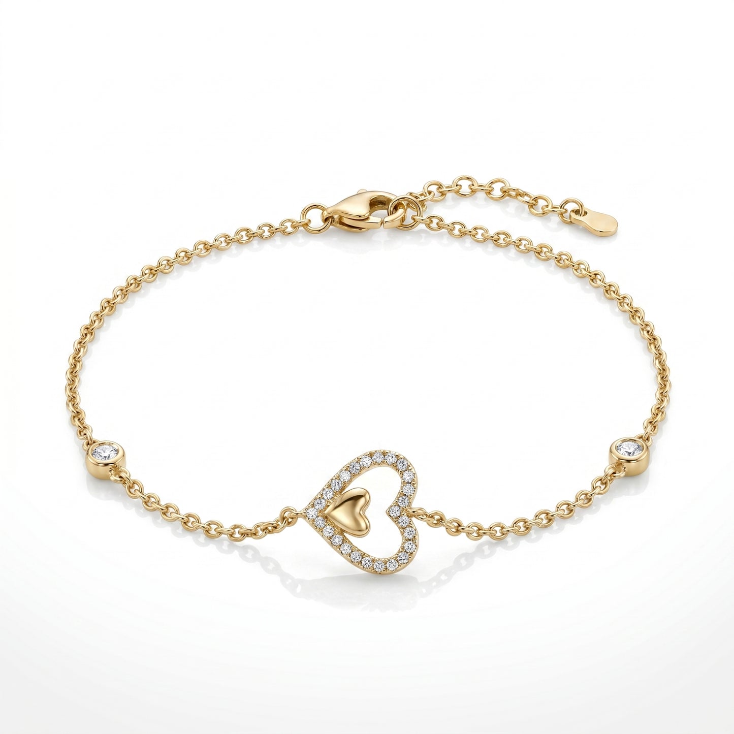 14K Petite Diamond Heart Bracelet with Rolo Chain and Extender