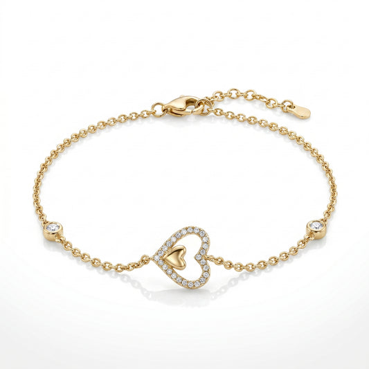 14K Petite Diamond Heart Bracelet with Rolo Chain and Extender