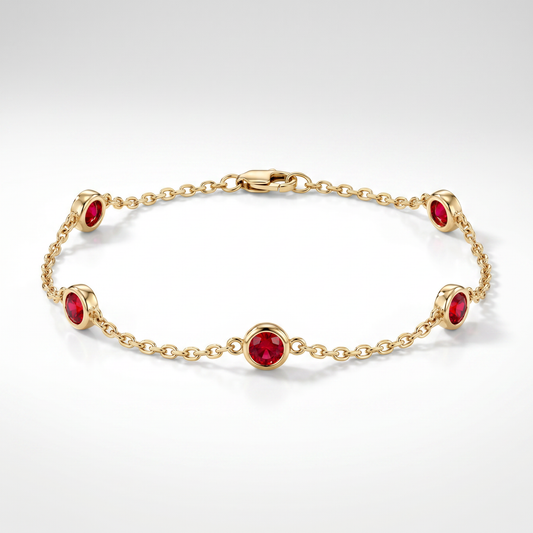 14K Yellow Gold Ruby Bracelet - 0.61ctw Round Rubies, 7"