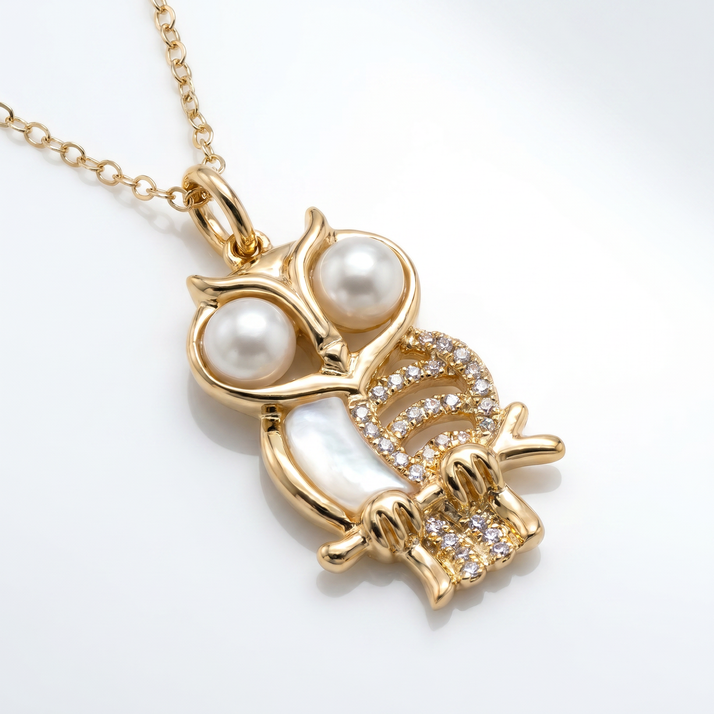 14K Yellow Gold Pearl & Diamond Owl Pendant Necklace