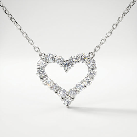14K White Gold Diamond Heart Pendant - 0.96ctw Round Brilliant