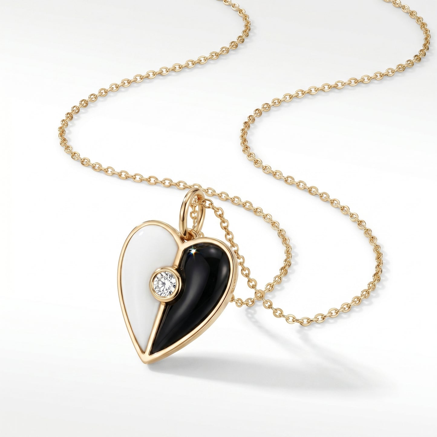 14K Yellow Gold Mother of Pearl & Onyx Heart Diamond Pendant