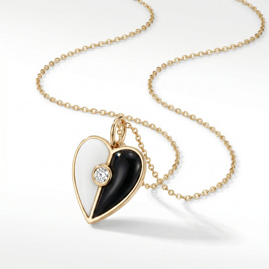 14K Yellow Gold Mother of Pearl & Onyx Heart Diamond Pendant