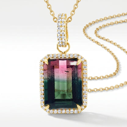 18K Yellow Gold Watermelon Tourmaline Diamond Pendant 8.62ct