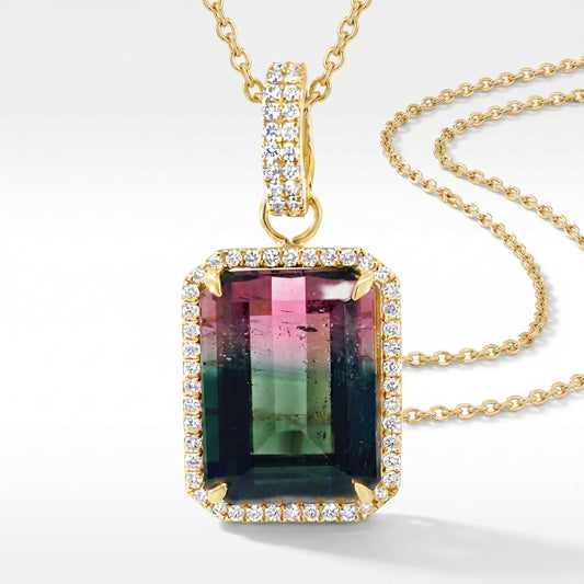 18K Yellow Gold Watermelon Tourmaline Diamond Pendant 8.62ct
