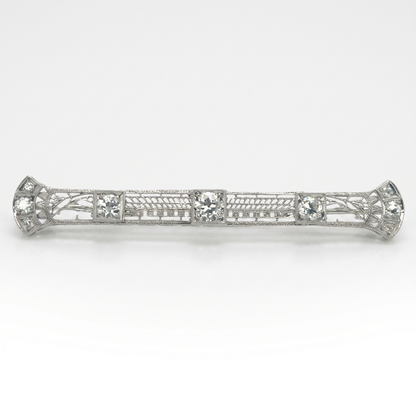 18K White Gold Art Deco Diamond Filigree Brooch 1.41ctw