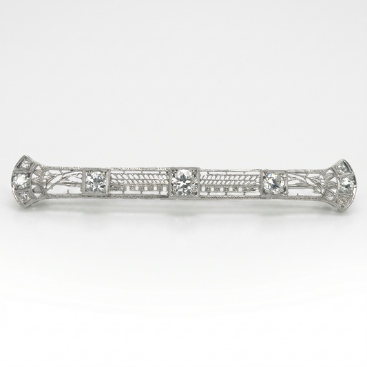 18K White Gold Art Deco Diamond Filigree Brooch 1.41ctw