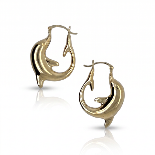 14K Yellow Gold Dolphin Hoop Earrings - 34mm
