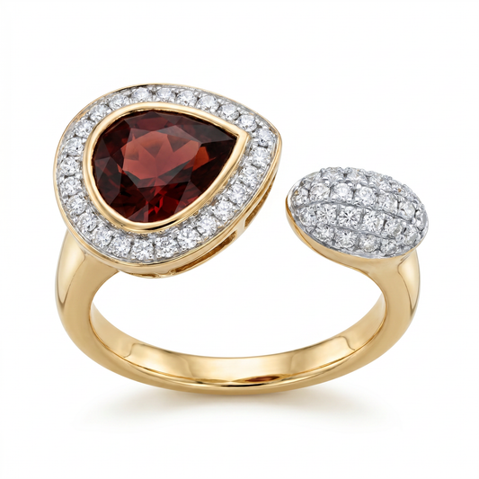 18K Yellow Gold Garnet & Diamond Toi Et Moi Ring Size 7