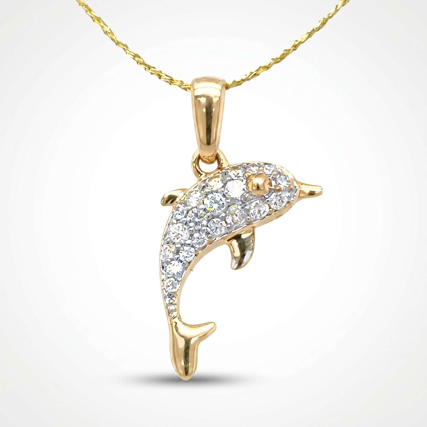 14K Yellow Gold Petite Pave Diamond Dolphin Pendant