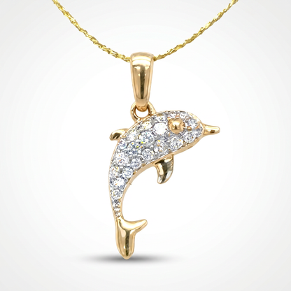 14K Yellow Gold Petite Pave Diamond Dolphin Pendant