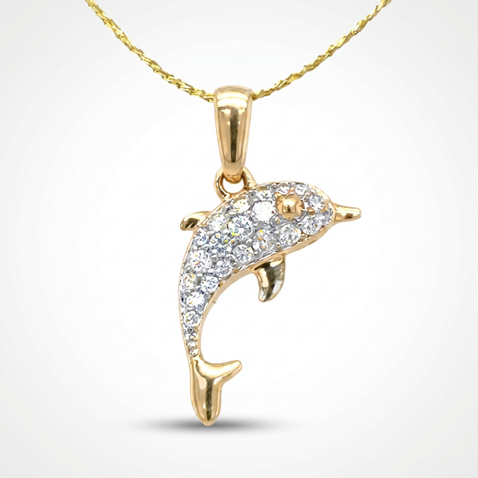 14K Yellow Gold Petite Pave Diamond Dolphin Pendant