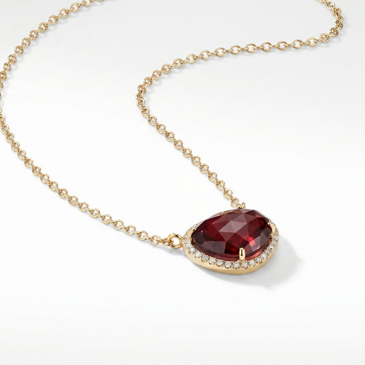 14K Yellow Gold Garnet & Diamond Halo Pendant Necklace, 18"