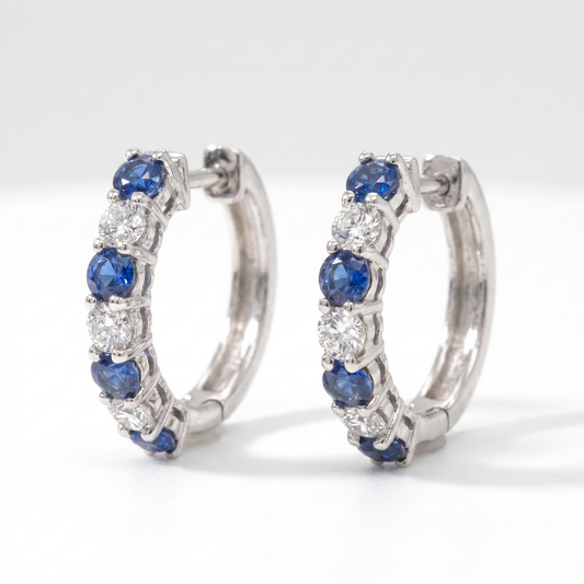 14K White Gold Sapphire & Diamond Hoop Earrings 0.69ctw