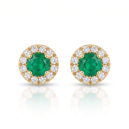 14K Yellow Gold Emerald & Diamond Halo Stud Earrings 0.81ctw