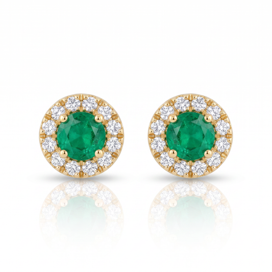 14K Yellow Gold Emerald & Diamond Halo Stud Earrings 0.81ctw