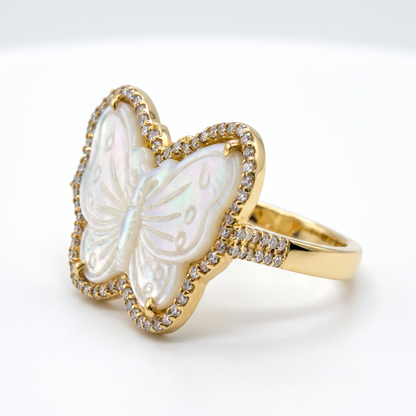 18K Yellow Gold Mother of Pearl Diamond Butterfly Ring Size 8