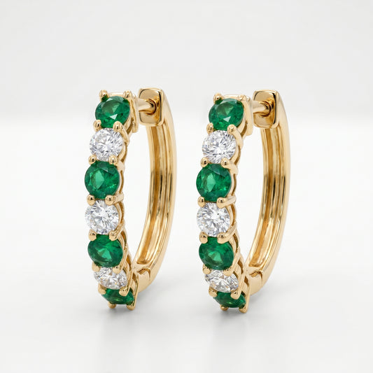 14K Yellow Gold Emerald & Diamond Hoop Earrings 17.5mm