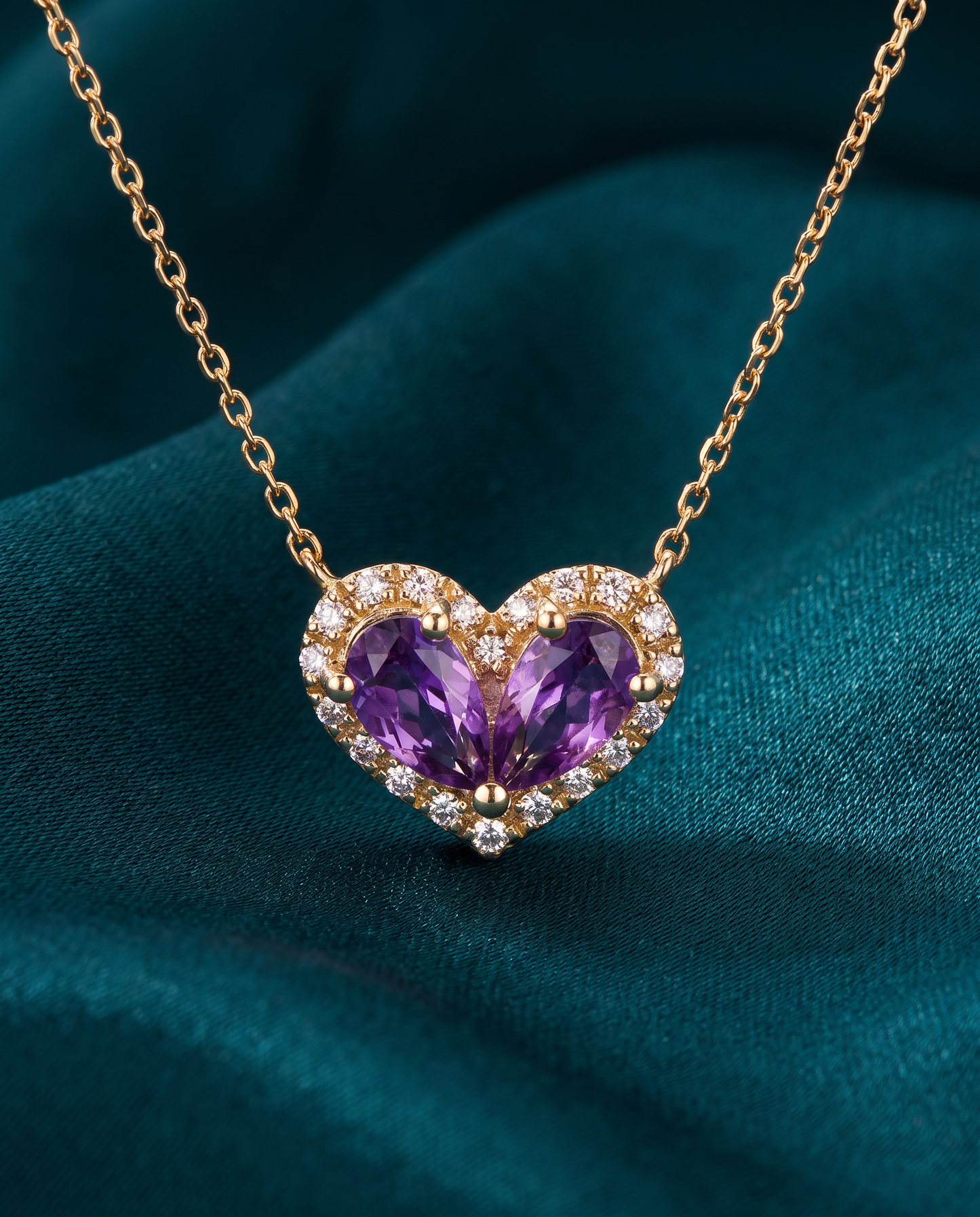 14K Yellow Gold Amethyst & Diamond Heart Pendant with 18" Chain