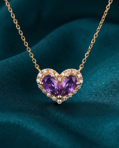 14K Yellow Gold Amethyst & Diamond Heart Pendant with 18" Chain