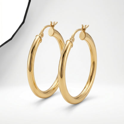 14K Yellow Gold Tube Hoop Earrings 30mm Pierced