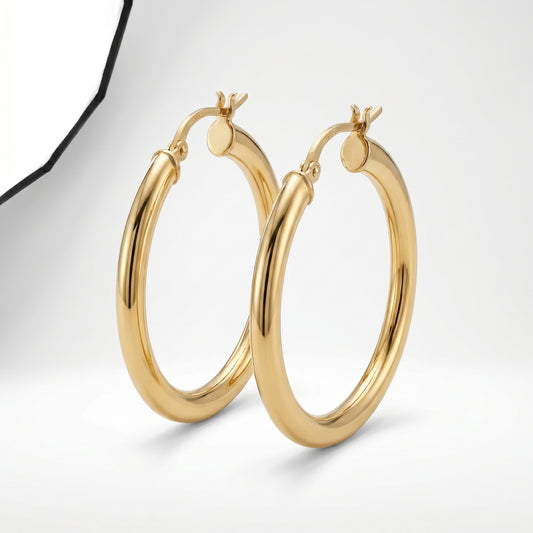 14K Yellow Gold Tube Hoop Earrings 30mm Pierced
