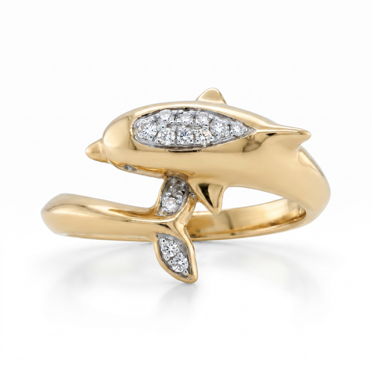14K Yellow Gold Diamond Dolphin Ring - Size 6.5