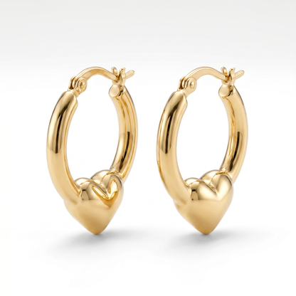 14K Yellow Gold Heart Hoop Earrings - 15.5mm Puffed Design