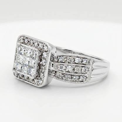 14K White Gold 1.32ctw Diamond Cluster Engagement Ring Size 7