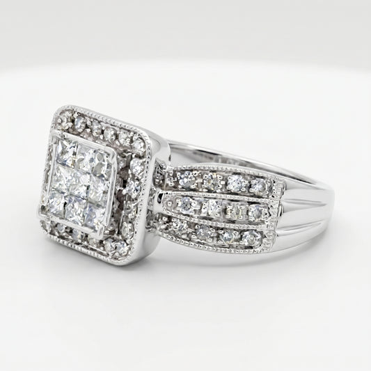 14K White Gold 1.32ctw Diamond Cluster Engagement Ring Size 7