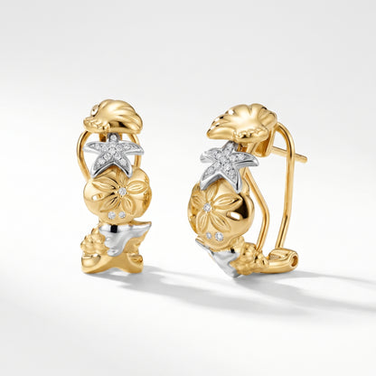 14K Gold Diamond Nautical Sealife Earrings - Clam, Starfish & Shell