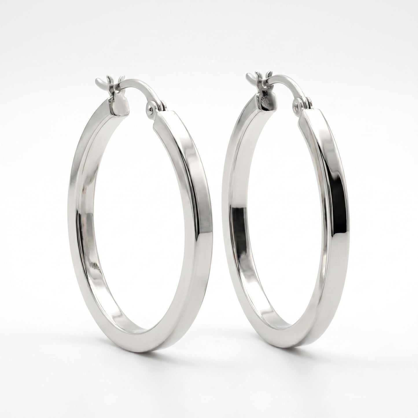 14K White Gold Square Tube Hoop Earrings - 1" Diameter