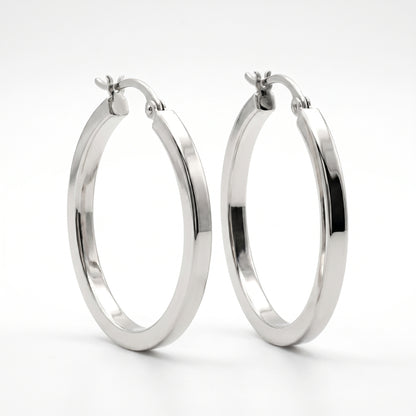 14K White Gold Square Tube Hoop Earrings - 1" Diameter