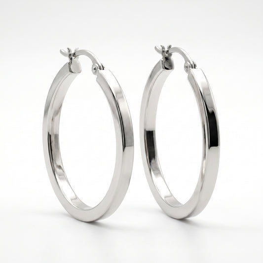 14K White Gold Square Tube Hoop Earrings - 1" Diameter