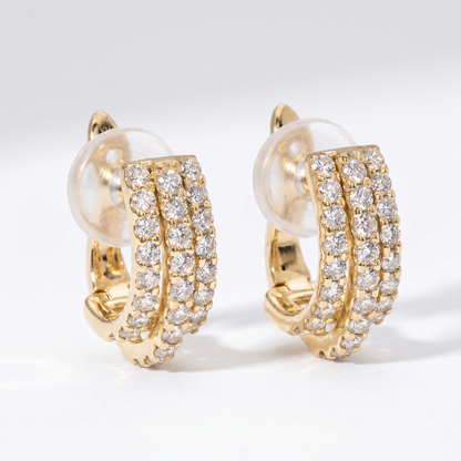 14K Yellow Gold Triple Row Diamond Huggie Earrings 0.82ctw