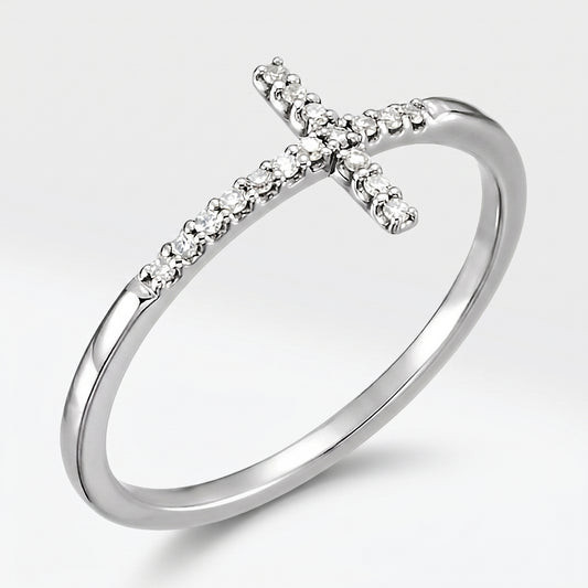 14K White Gold Diamond Sideways Cross Ring - Size 7