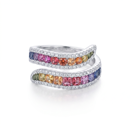 18K White Gold Multi-Color Sapphire & Diamond Bypass Ring
