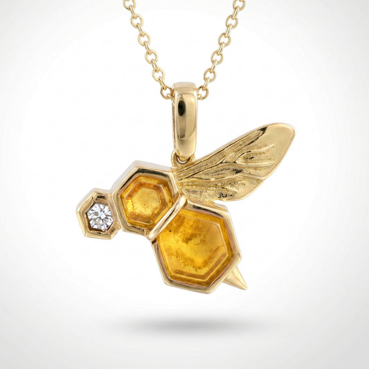 14K Yellow Gold BeeWing Pendant with Amber, Diamond, Pollen & Honey