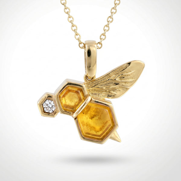 14K Yellow Gold BeeWing Pendant with Amber, Diamond, Pollen & Honey
