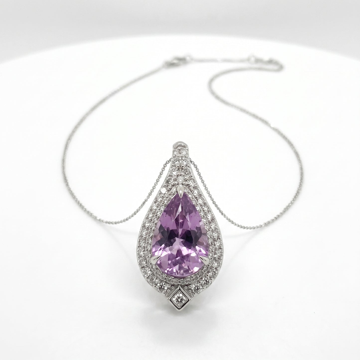 18K White Gold Pear Kunzite & Diamond Halo Pendant Necklace
