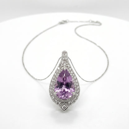 18K White Gold Pear Kunzite & Diamond Halo Pendant Necklace