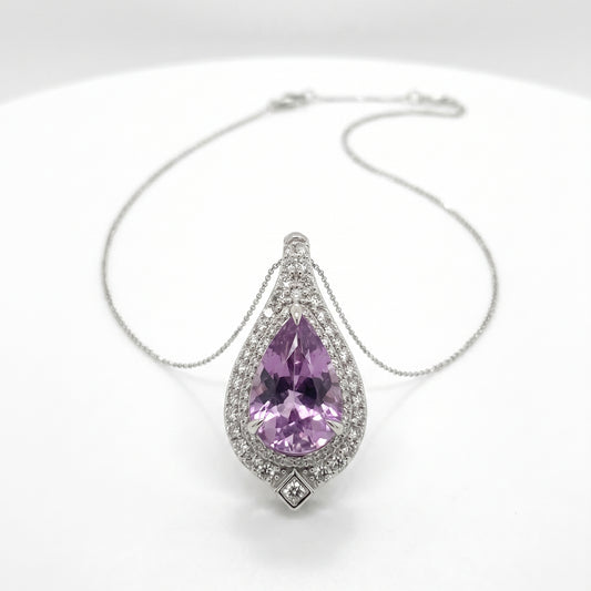 18K White Gold Pear Kunzite & Diamond Halo Pendant Necklace