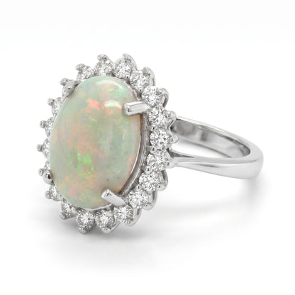 14K White Gold Opal & Diamond Halo Ring - Size 6