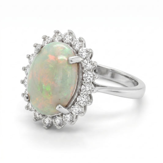 14K White Gold Opal & Diamond Halo Ring - Size 6
