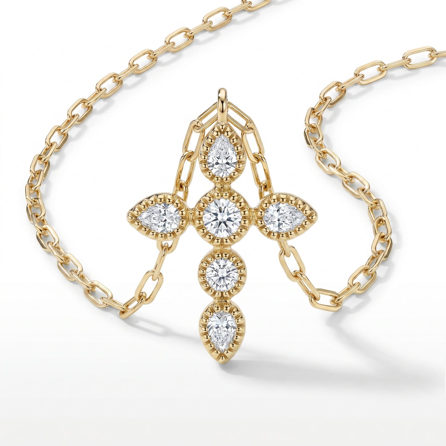 14K Yellow Gold Diamond Cross Pendant - 0.34ctw Pear & Round Cut